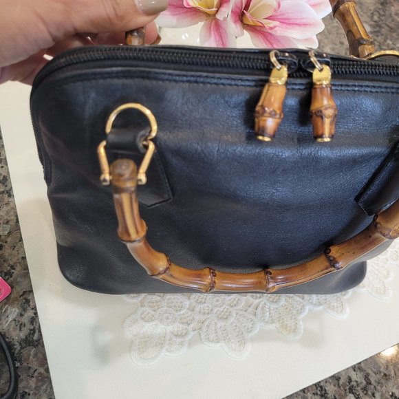 GUCCI 2 BAMBOO HANDLES~ BLACK LEATHER~ HANDBAG - Picture 4 of 13